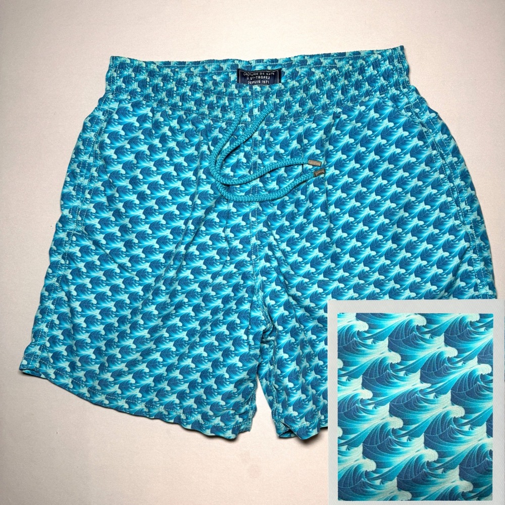 Vilebrequin Tsunami Swim Trunks Mens L Blue Wave Print Luxury Beach Miami Resort